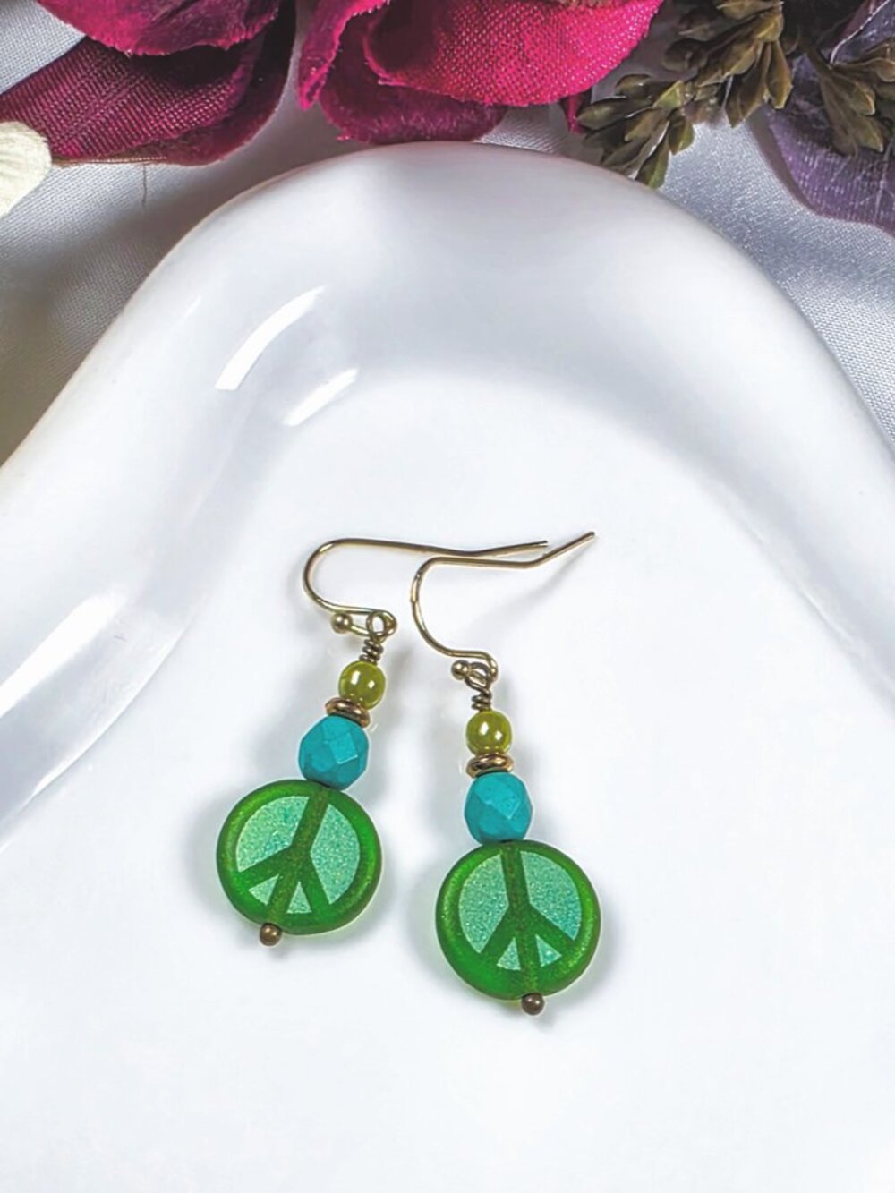 Czech Glass Peace Earrings | Retro Boho Dangles